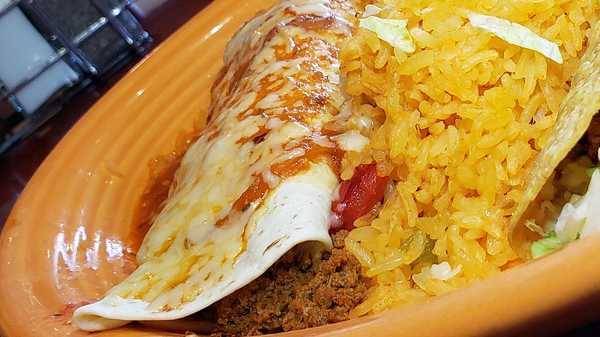 Order One Bean Burrito, One Cheese Enchilada, and One Bean Tostada Combination food online from Fiesta Jalapenos store, North Ridgeville on bringmethat.com