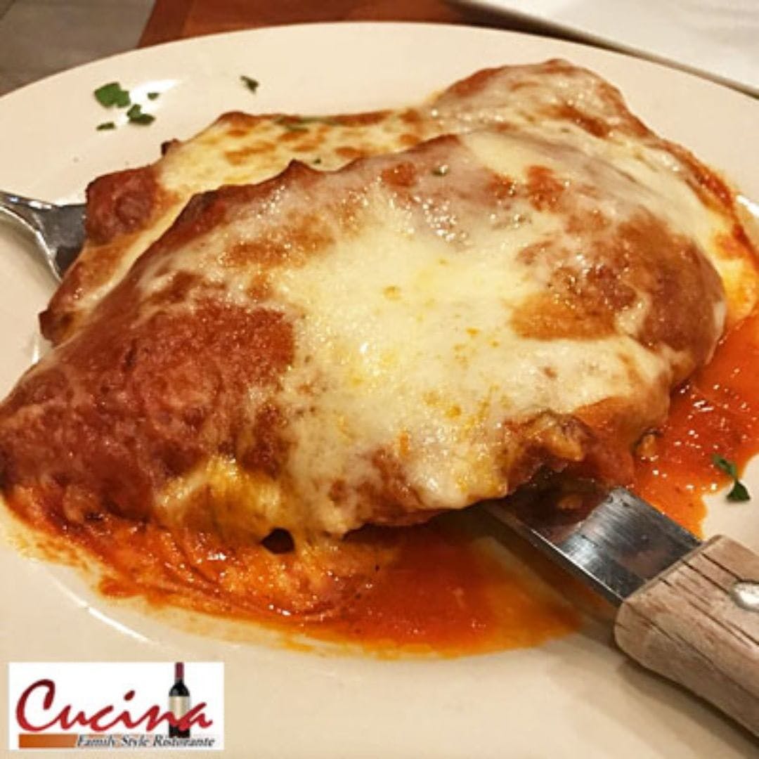 Order Chicken Parmigiana - Half (Serves 1 Person) food online from Cucina Family Style Restorante store, East Quogue on bringmethat.com
