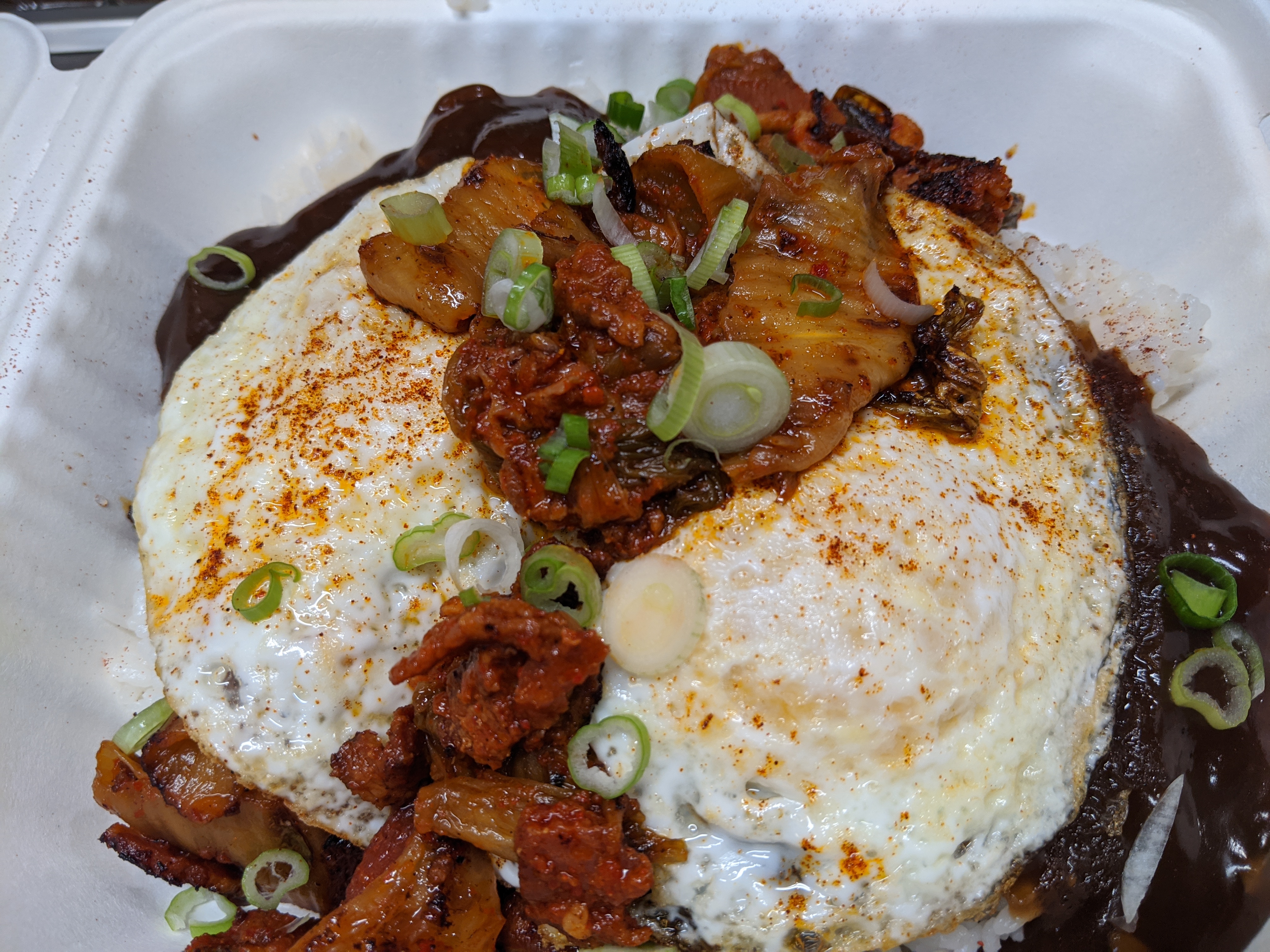 Order Kimchee Bacon Loco Moco food online from Happy Cow Burger store, Eugene on bringmethat.com