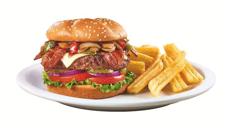 Order Bourbon Bacon Burger food online from Denny's store, Rosenberg on bringmethat.com