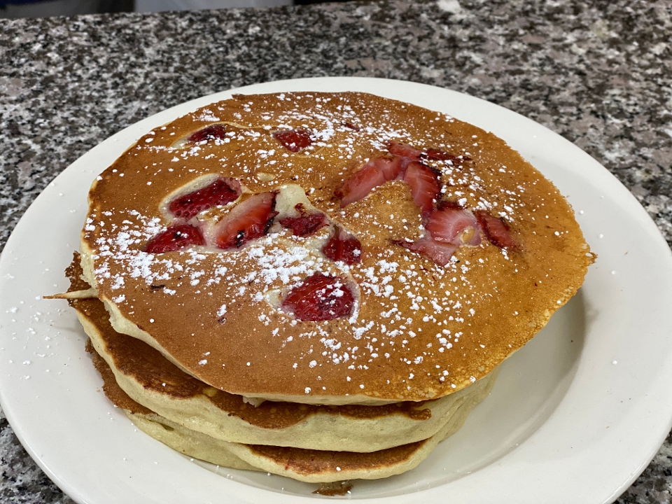 Order 3 STRAWBERRY BUTTERMILK PANCAKES food online from Meeting Street Cafe store, Providence on bringmethat.com