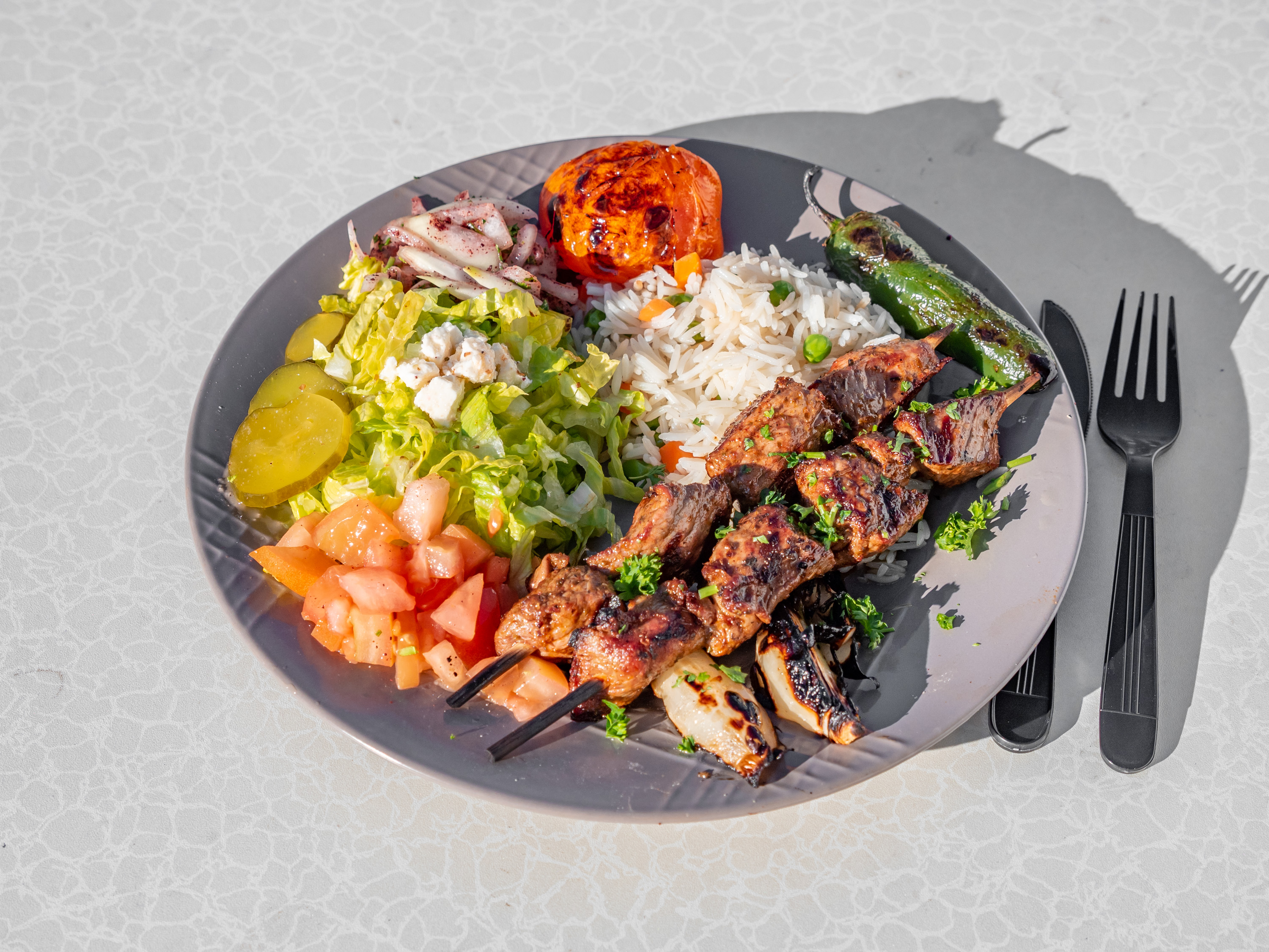 Order 4. Lamb Shish Kabab Plate food online from Rumi Kabob store, Vallejo on bringmethat.com