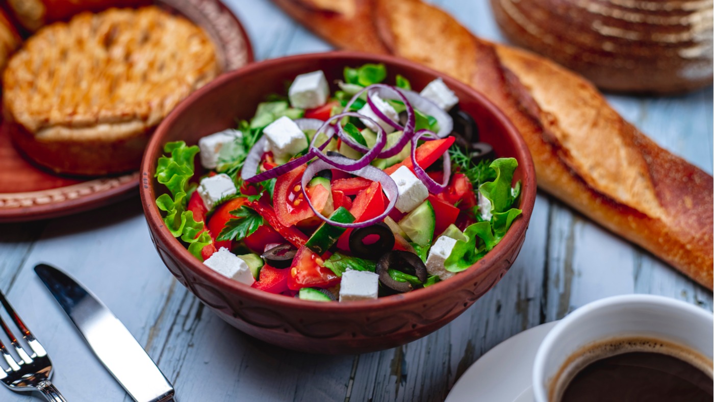 Order Greek Salad food online from Mediterranean Eats store, Fremont on bringmethat.com
