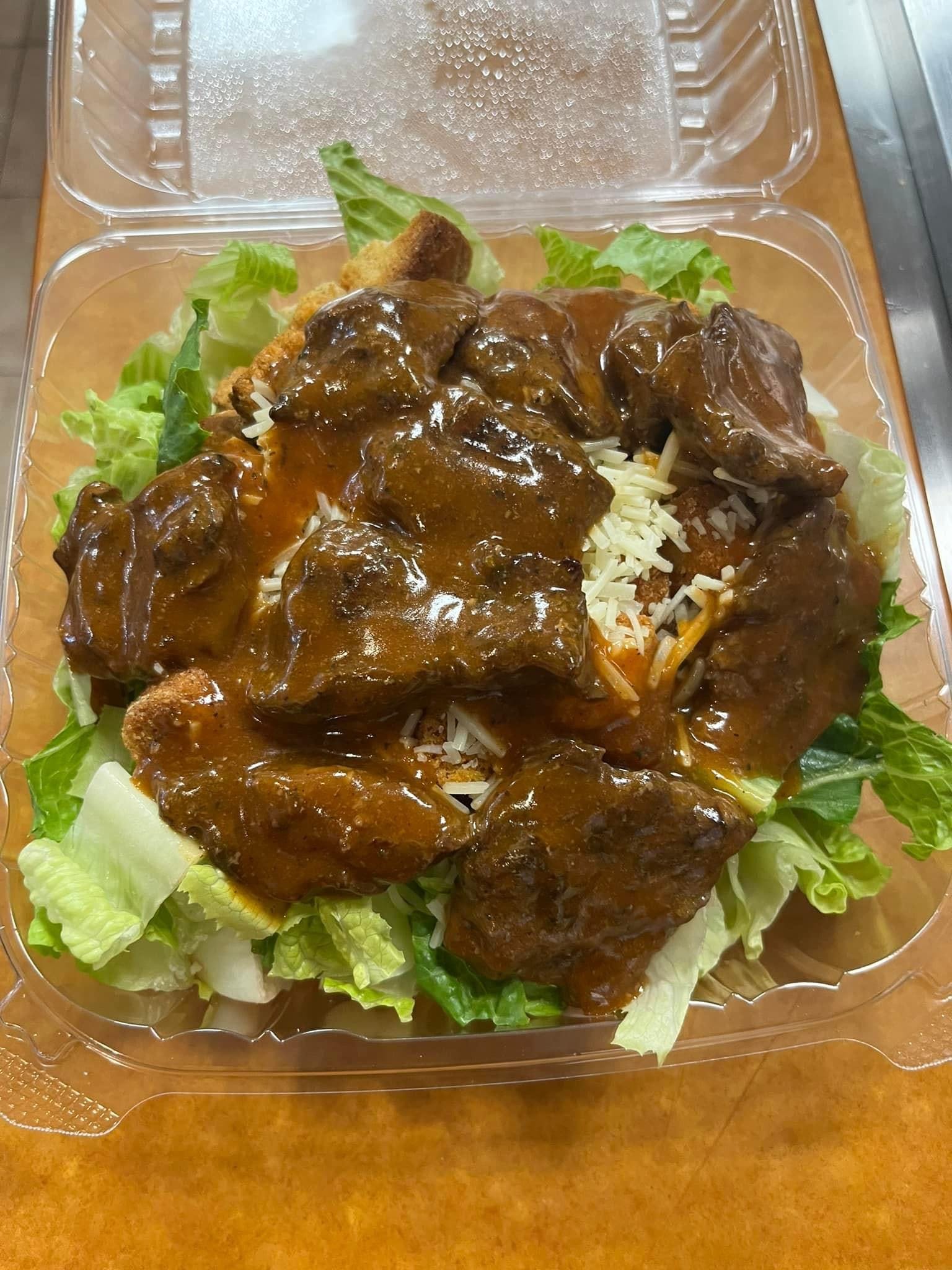 Order BBQ Steak Tip Caesar Salad - Salad food online from Phillip's Roast Beef & Pizza store, Rowley on bringmethat.com
