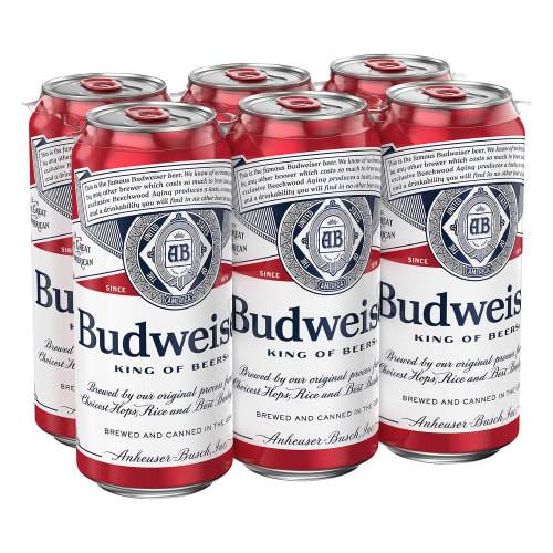 Order Budweiser · Domestic Lager Beer (6 x 16 fl oz) cans food online from D & B Liquor store, Olmos Park on bringmethat.com