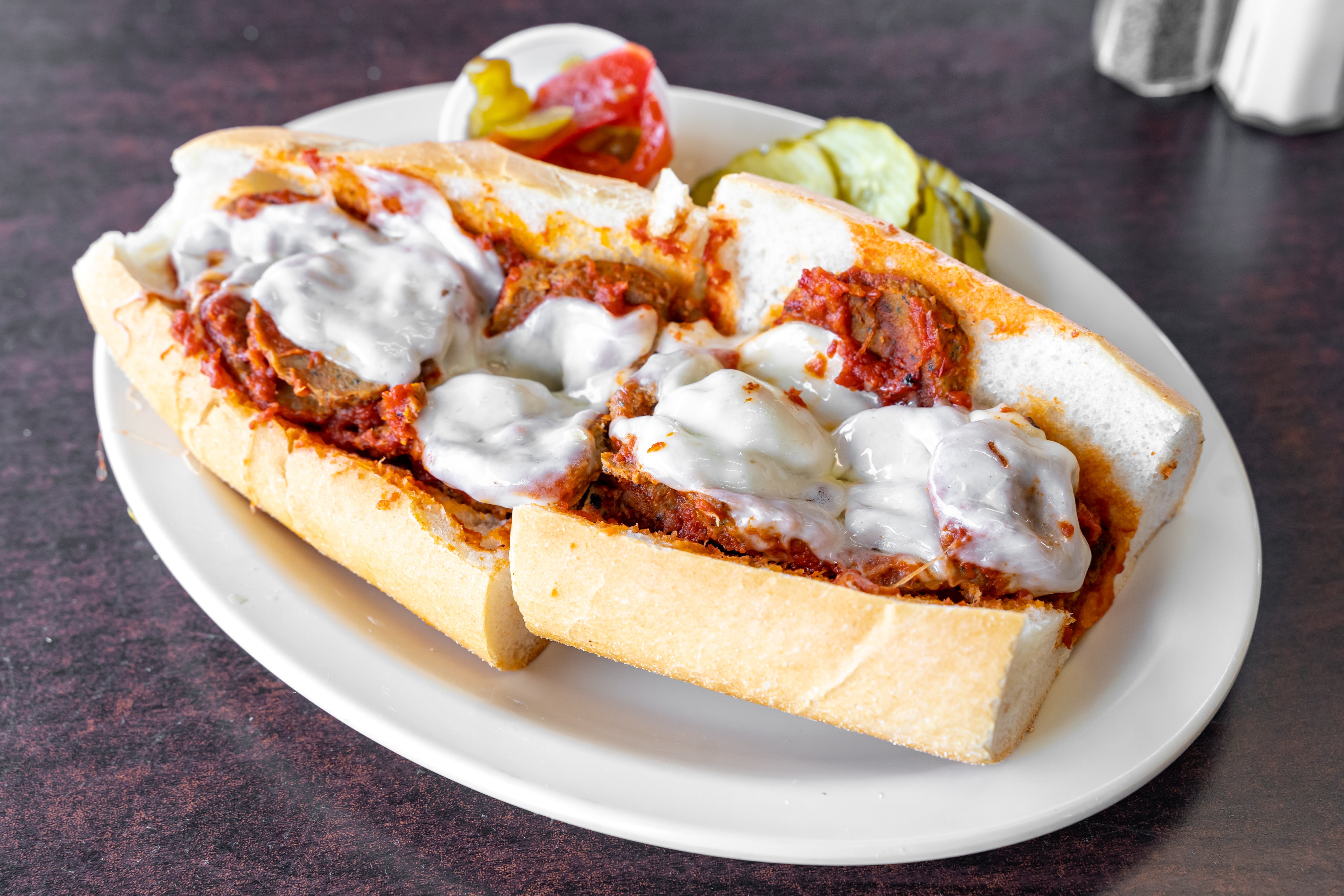 Order Meatball Parmesan Sandwich - Half 10" food online from Steak Out store, Sewell on bringmethat.com