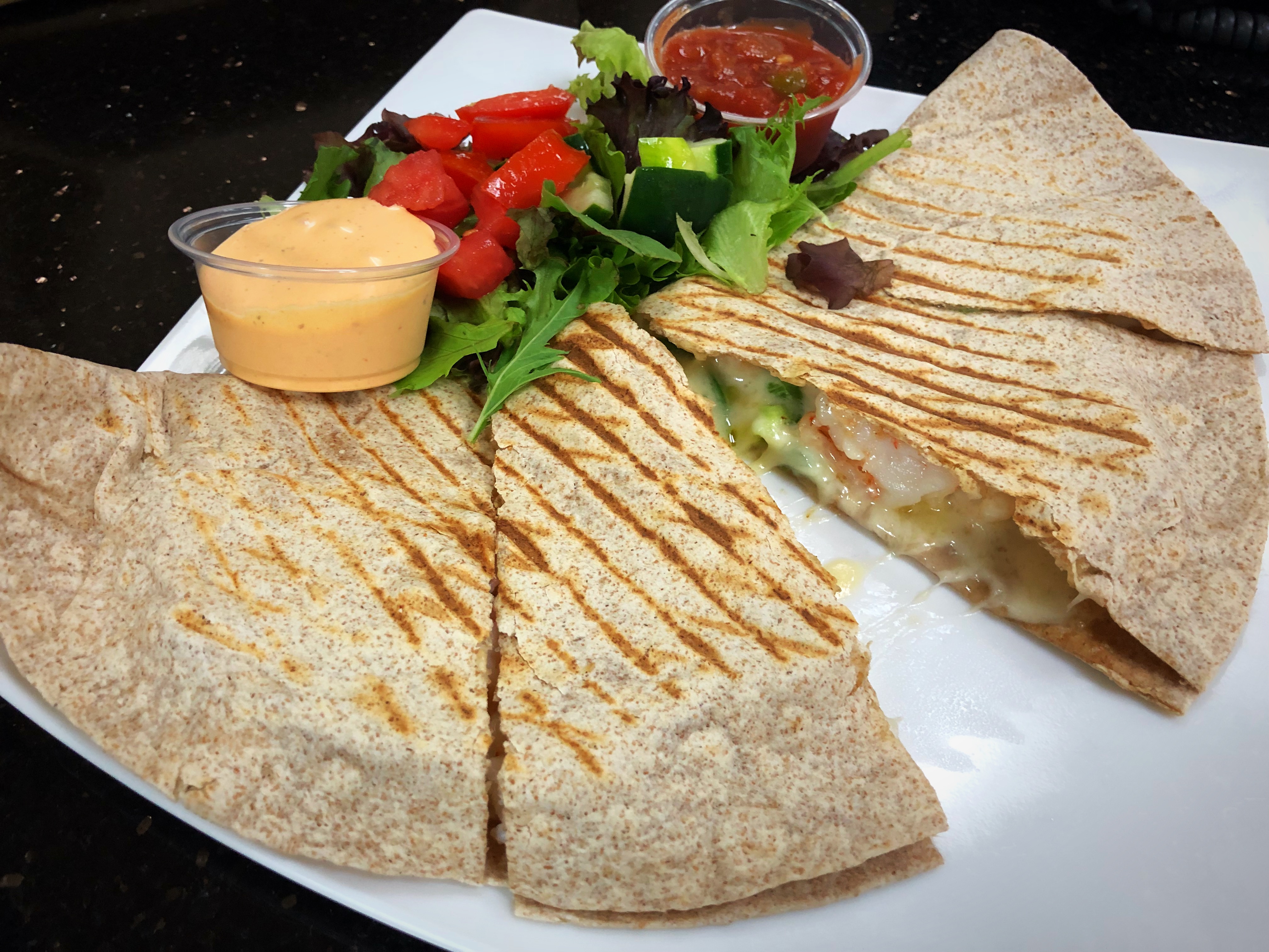 Order Spicy Shrimp Quesadilla food online from Healthy Garden & Gourmet Pizza store, Collingswood on bringmethat.com