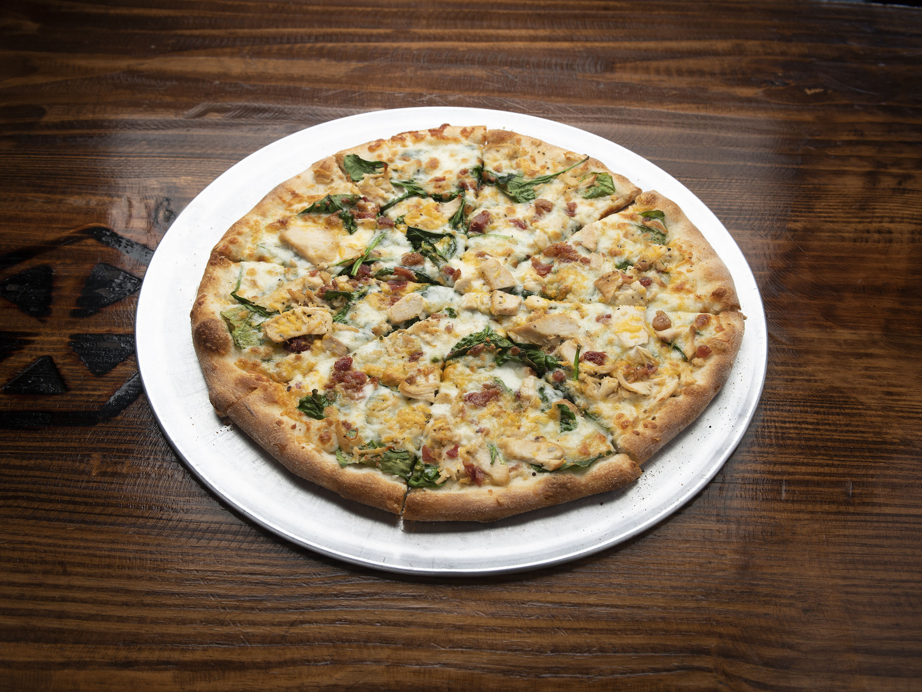 Order Spinach and Chicken Alfredo Pizza food online from The Pizzeria-Mission TX store, Mission on bringmethat.com