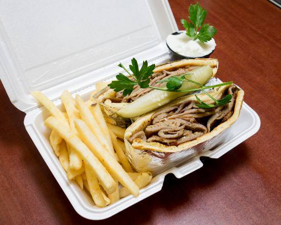 Order Gyro Sandwich with Fries food online from Baba's Halal Famous Steak & Lemonade store, Chicago on bringmethat.com