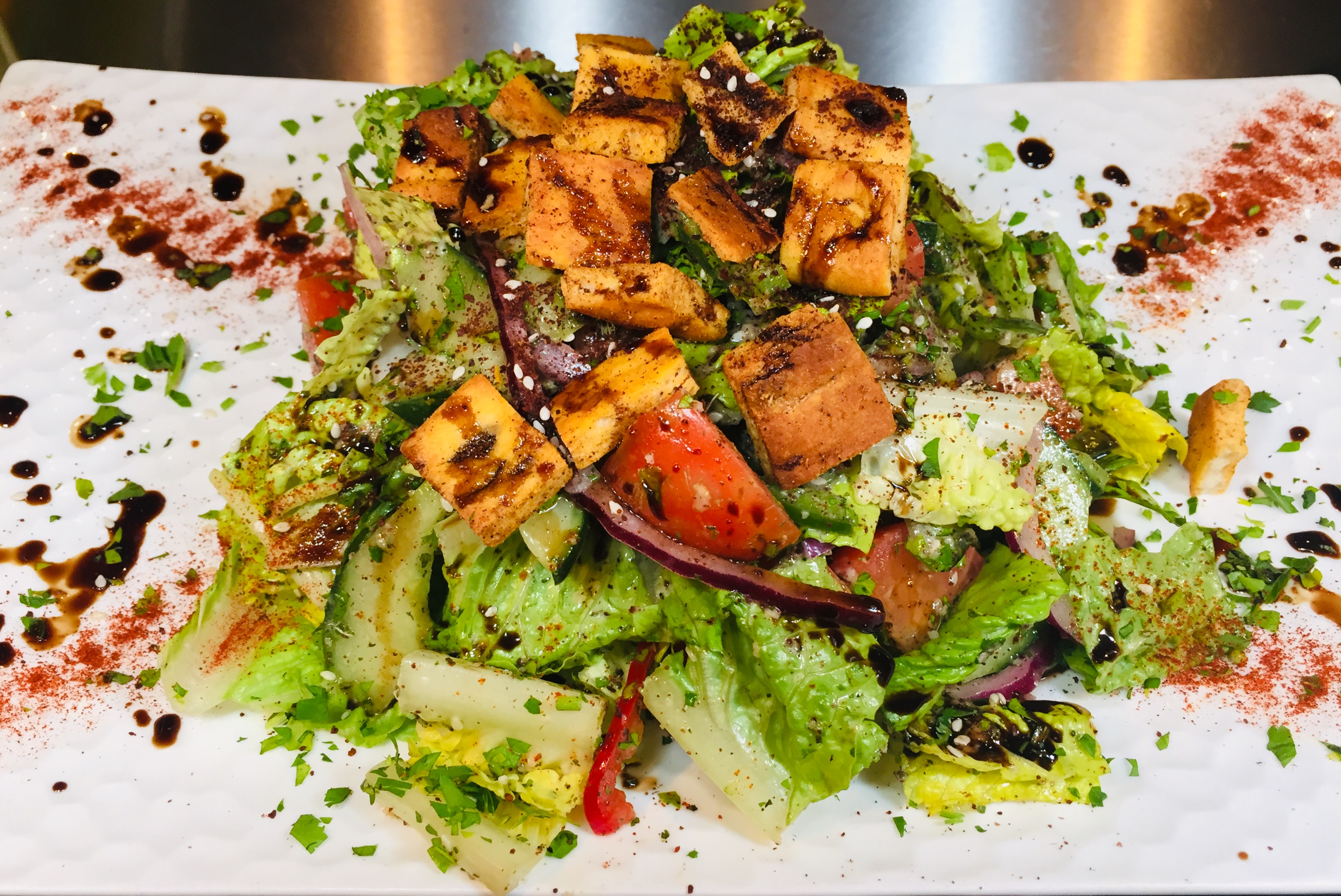 Order Fattoush Salad food online from Moussaka Mediterranean Kitchen store, San Leandro on bringmethat.com