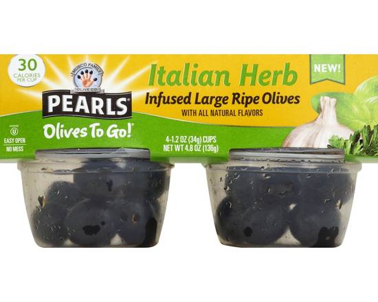 Order Pearls · Italian Herb Infused Large Ripe Olives to Go (4 x 1.2 oz) food online from Jewel-Osco store, Glenview on bringmethat.com