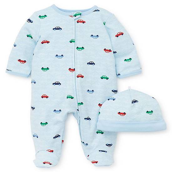 Order Little Me® Size 3M 2-Piece Colorful Cars Footie and Hat Set in Blue food online from Bed Bath & Beyond store, Lancaster on bringmethat.com