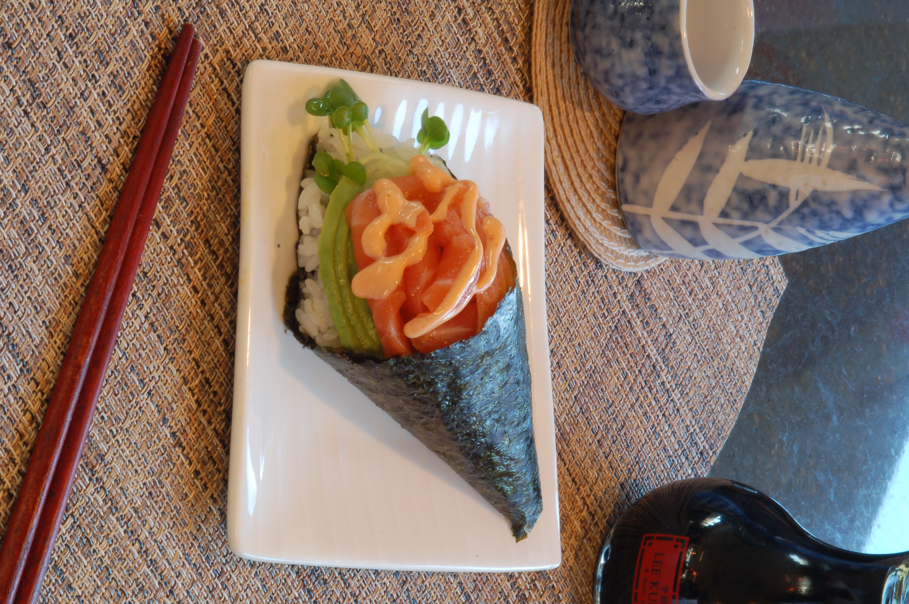 Order Spicy Salmon Hand Roll food online from Sushi Town store, Beaverton on bringmethat.com