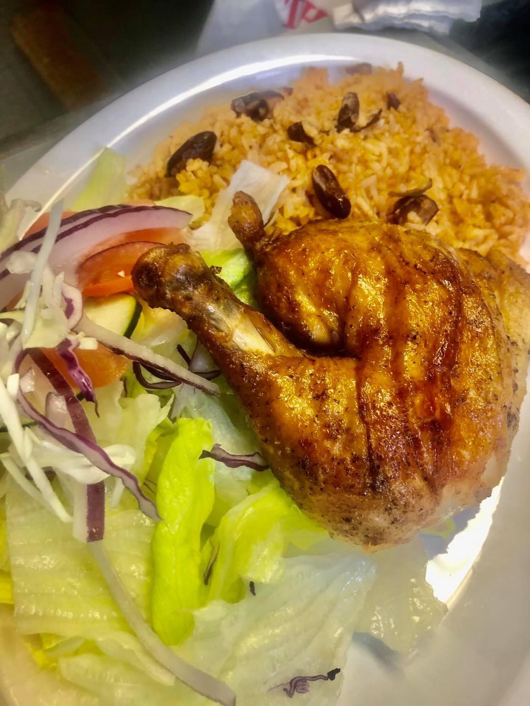 Order 1/4 of Pollo a la Brasa with Rice and Beans and salad food online from Chili Dog Restaurant store, New Rochelle on bringmethat.com