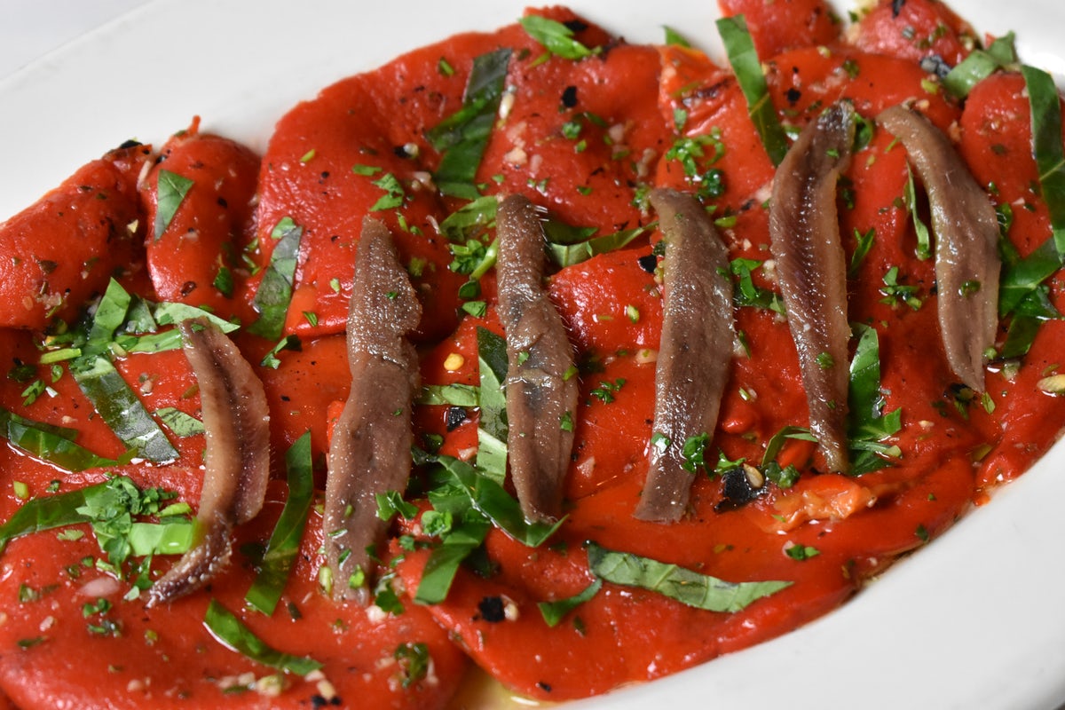Order Roasted Peppers w/ Anchovy food online from Carmine's store, Atlantic City on bringmethat.com