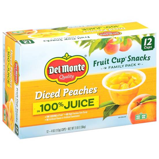 Order Del Monte · Fruit Cup 100% Juice Diced Peaches Snacks (12 x 4 oz) food online from Safeway store, Reston on bringmethat.com