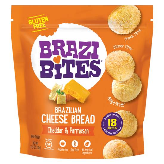 Order Brazi Bites Frozen Cheddar & Parmesan Brazilian Gluten Free Cheese Bread 11.5oz food online from Everyday Needs by Gopuff store, Tracy on bringmethat.com
