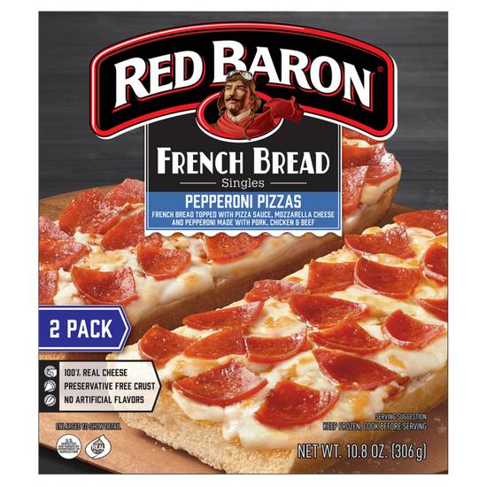 Order Red Baron Frozen French Bread Singles Pepperoni Pizza 2ct 10.8oz food online from Everyday Needs by Gopuff store, Waltham on bringmethat.com