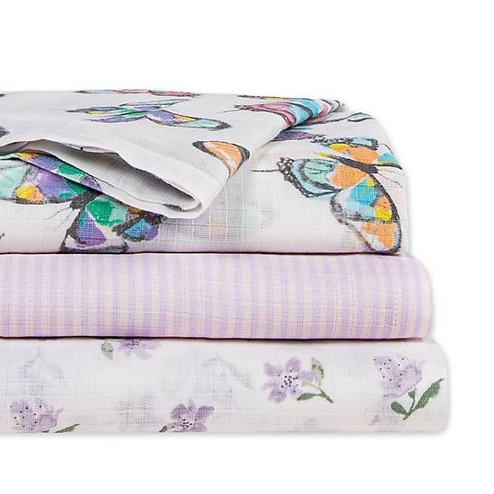 Order Burt's Bees Baby® 3-Pack Rainbow Butterflies Organic Cotton Muslin Blankets in Lilac food online from Bed Bath & Beyond store, Lancaster on bringmethat.com