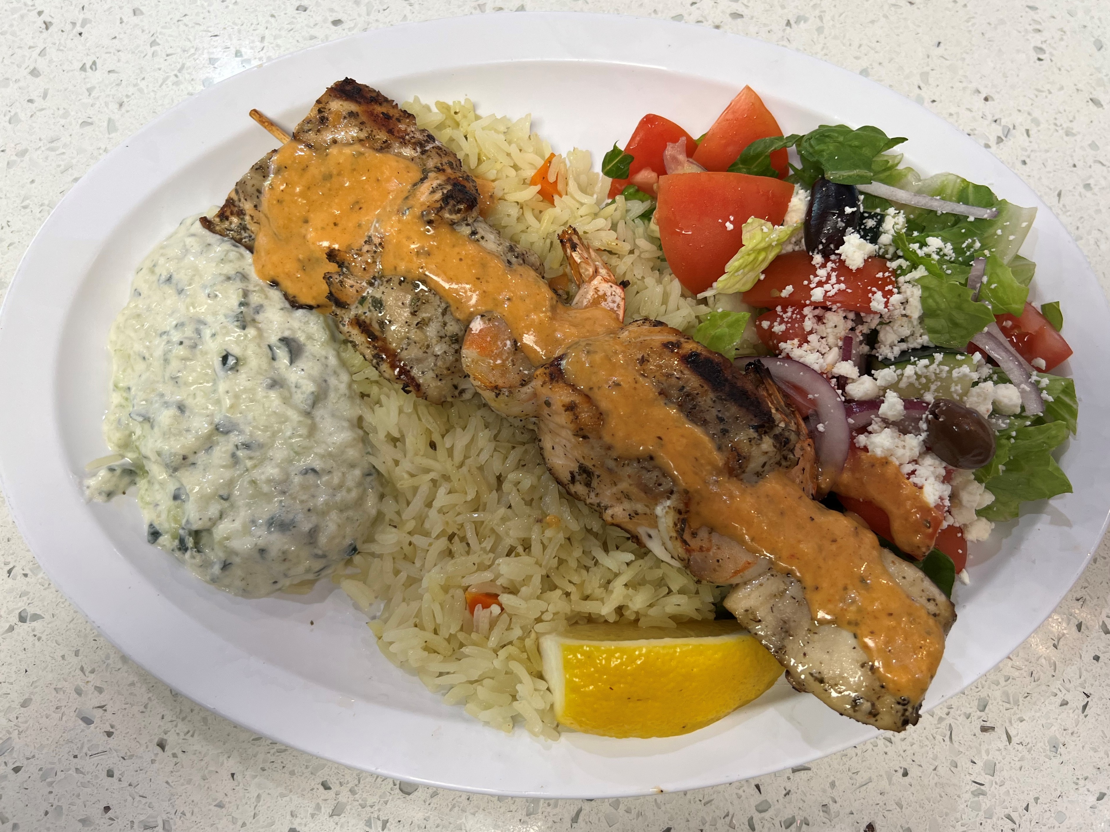 Order Seafood Souvlaki Plate food online from Mikonos Grill store, Milpitas on bringmethat.com