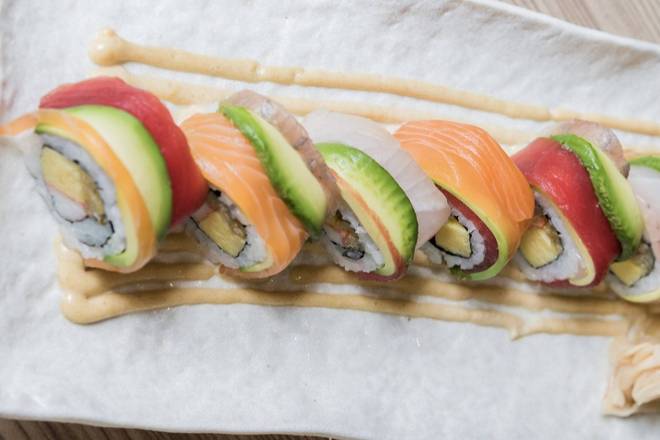 Order Rainbow Roll (8 pcs) food online from Fuji Japanese Restaurant store, Greensboro on bringmethat.com