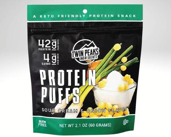 Order Twin Peaks Protein Puffs - Sour Cream & Onions (2.1oz) food online from Ritual Acai Bar store, Los Angeles on bringmethat.com