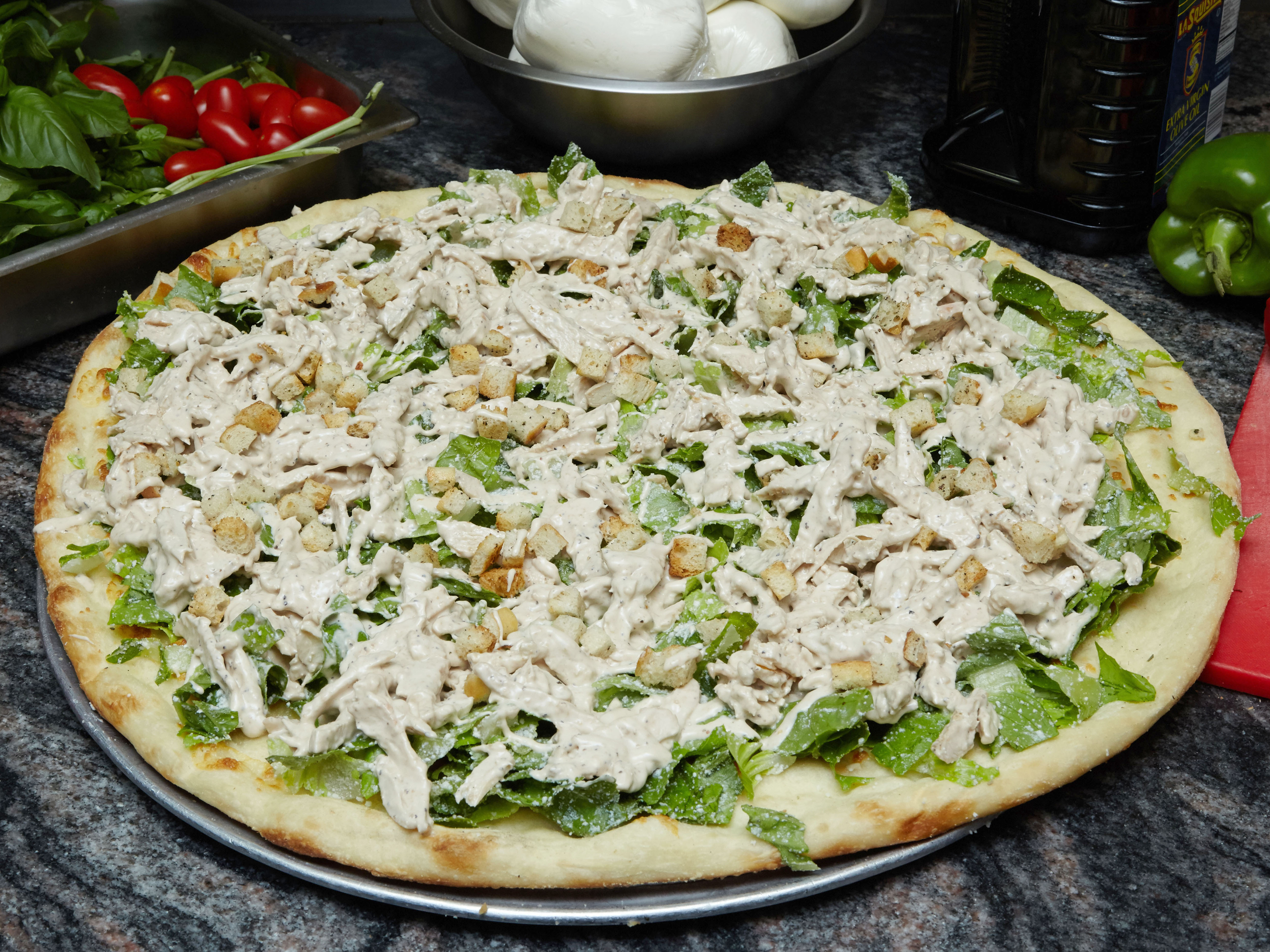 Order 30. Caesar Grilled Chicken Salad Pizza food online from Anna Maria Pizza store, Brooklyn on bringmethat.com