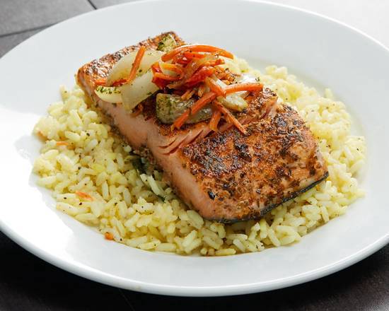 Order Grilled Salmon Over Sassy Rice food online from This Is It! Bbq & Seafood store, Atlanta on bringmethat.com