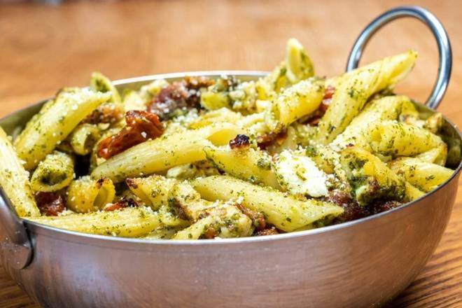 Order Chicken Pesto Penne Pasta food online from Mr. Moto Pizza House store, San Diego on bringmethat.com