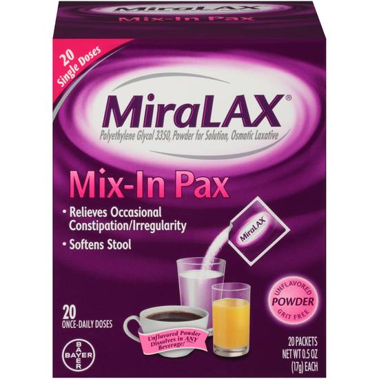 Order MiraLAX Mix-In Polyethylene Glycol 3350 (20 ct) food online from Rite Aid store, Warren on bringmethat.com