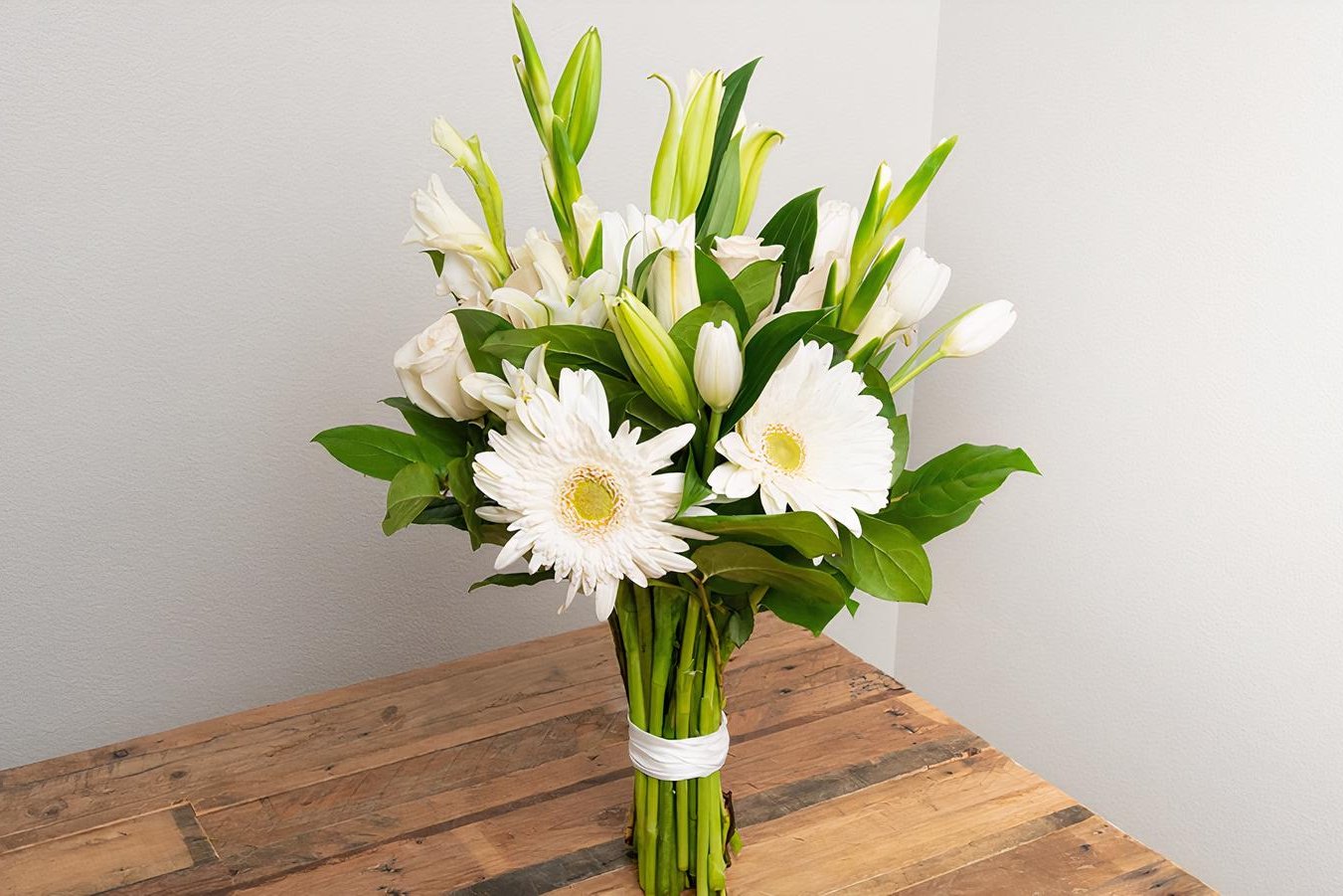 Order White, Ivory, Cream, Beige Wrapped Bouquet food online from @Flowers store, Santa Barbara on bringmethat.com