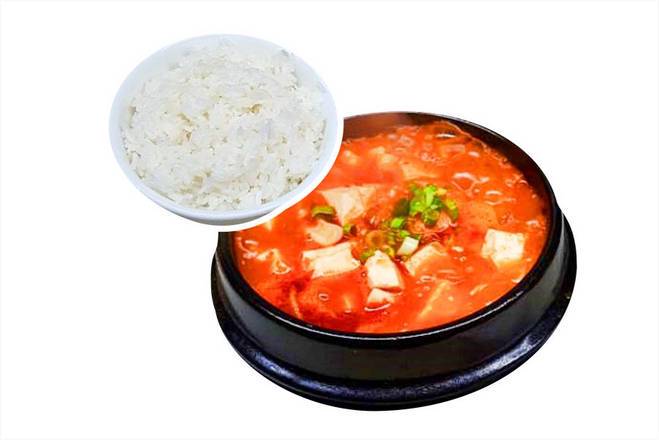 Order Spicy Soft Tofu, Seafood Stew, and Rice (Haemul Sundubu Bap)해물순두부밥 food online from Halmae Noodle 할매칼국수 store, Palisades Park on bringmethat.com