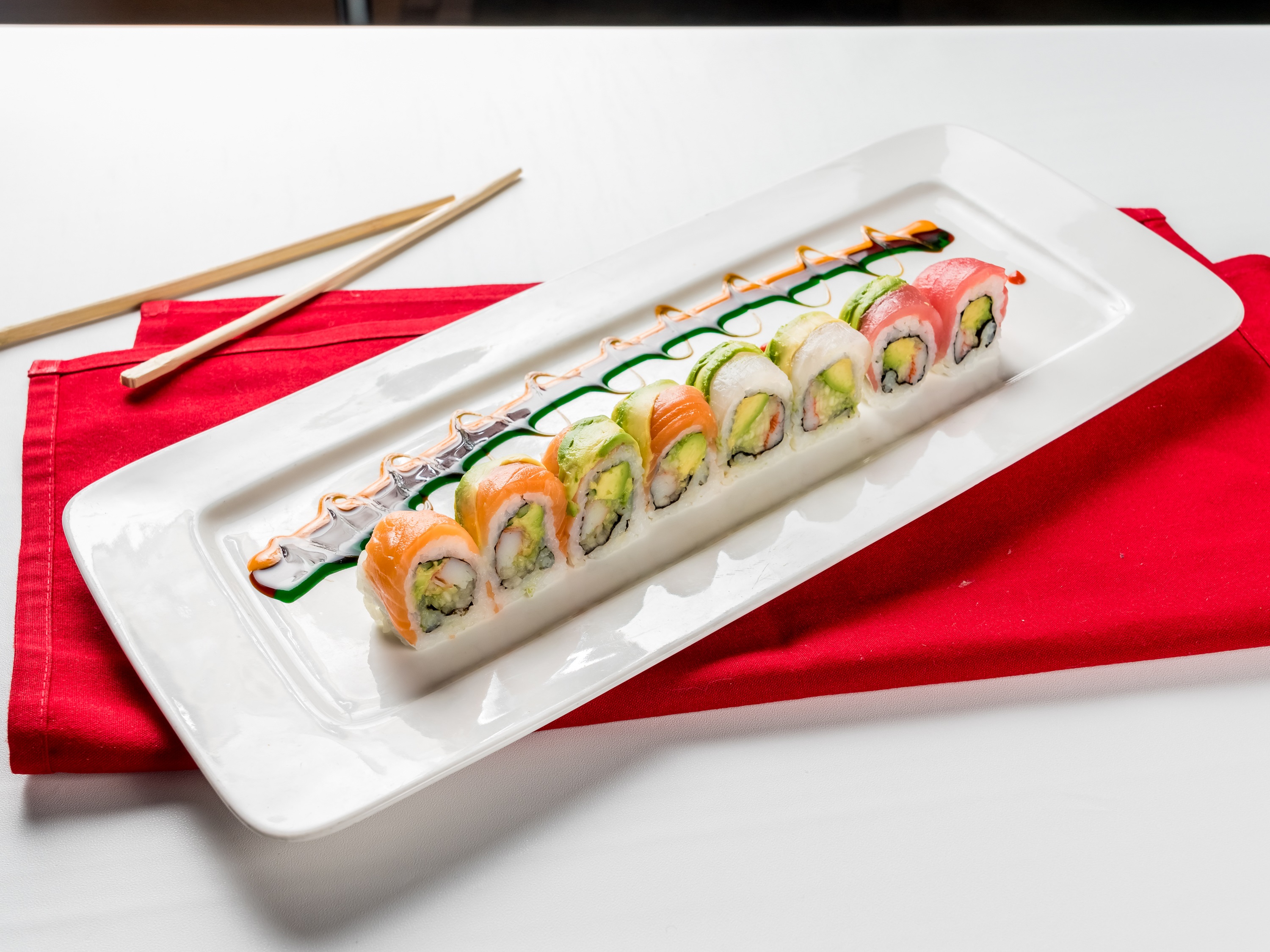 Order Rainbow Roll food online from Miyako Hibachi Sushi Restaurant store, Hicksville on bringmethat.com