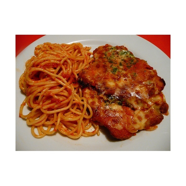 Order Chicken Parmigiana with Spaghetti food online from Ameci Pizza & Pasta store, Oxnard on bringmethat.com