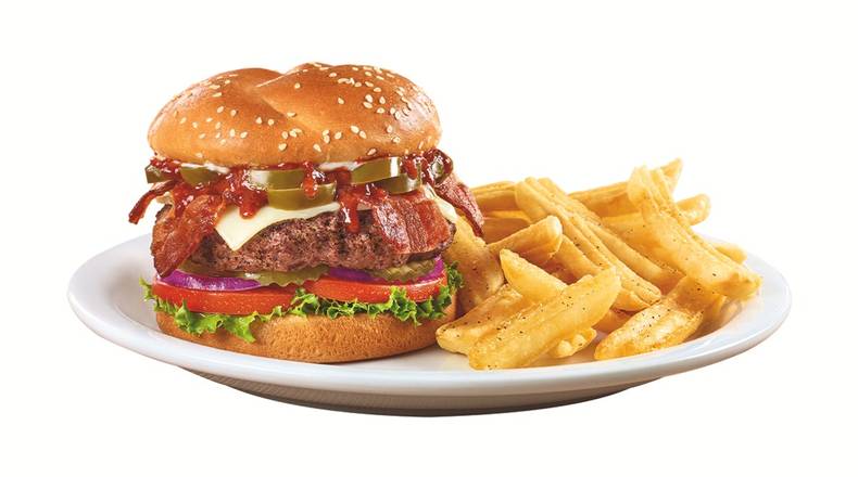 Order Flamin' 5-Pepper Burger food online from Denny store, Bismarck on bringmethat.com