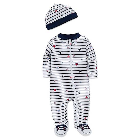 Order Little Me® Preemie 2-Piece Striped Sports Star Footie and Hat Set in White food online from Bed Bath & Beyond store, Lancaster on bringmethat.com