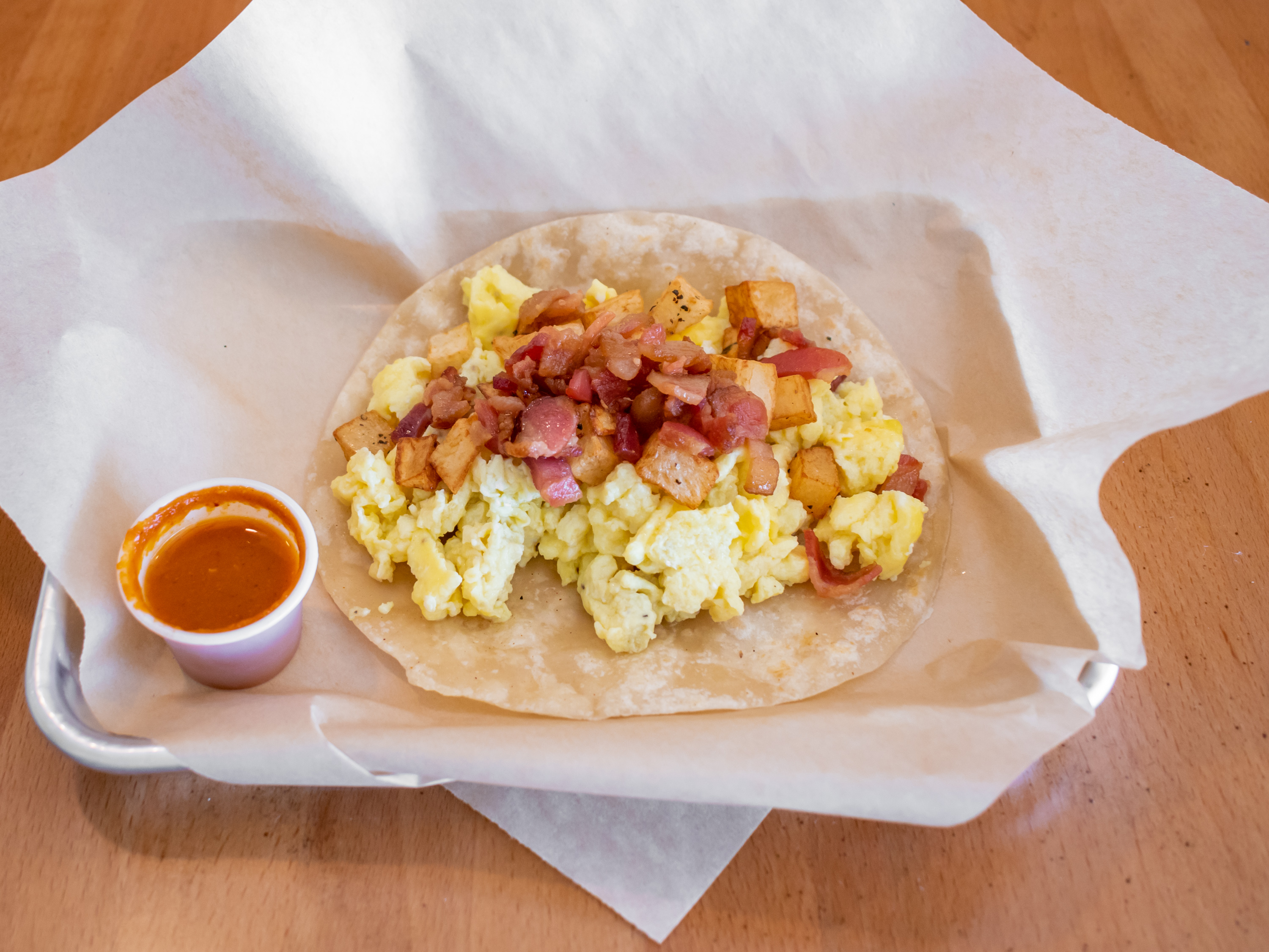 Order Egg, Bacon and Potato Breakfast Taco food online from The Flame Tacos store, Seabrook on bringmethat.com