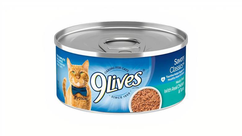 Order 9 Lives Meaty Paté with Real Chickent & Tuna Canned Cat Food, 5.5 oz food online from Mac On 4th store, Alton on bringmethat.com