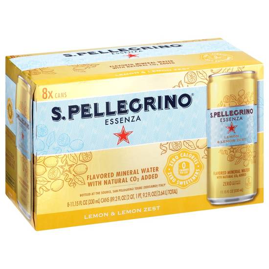 Order San Pellegrino Mineral Water Lemon & Lemon Zest Flavored Cans (11.15 oz x 8 ct) food online from Rite Aid store, Canton on bringmethat.com