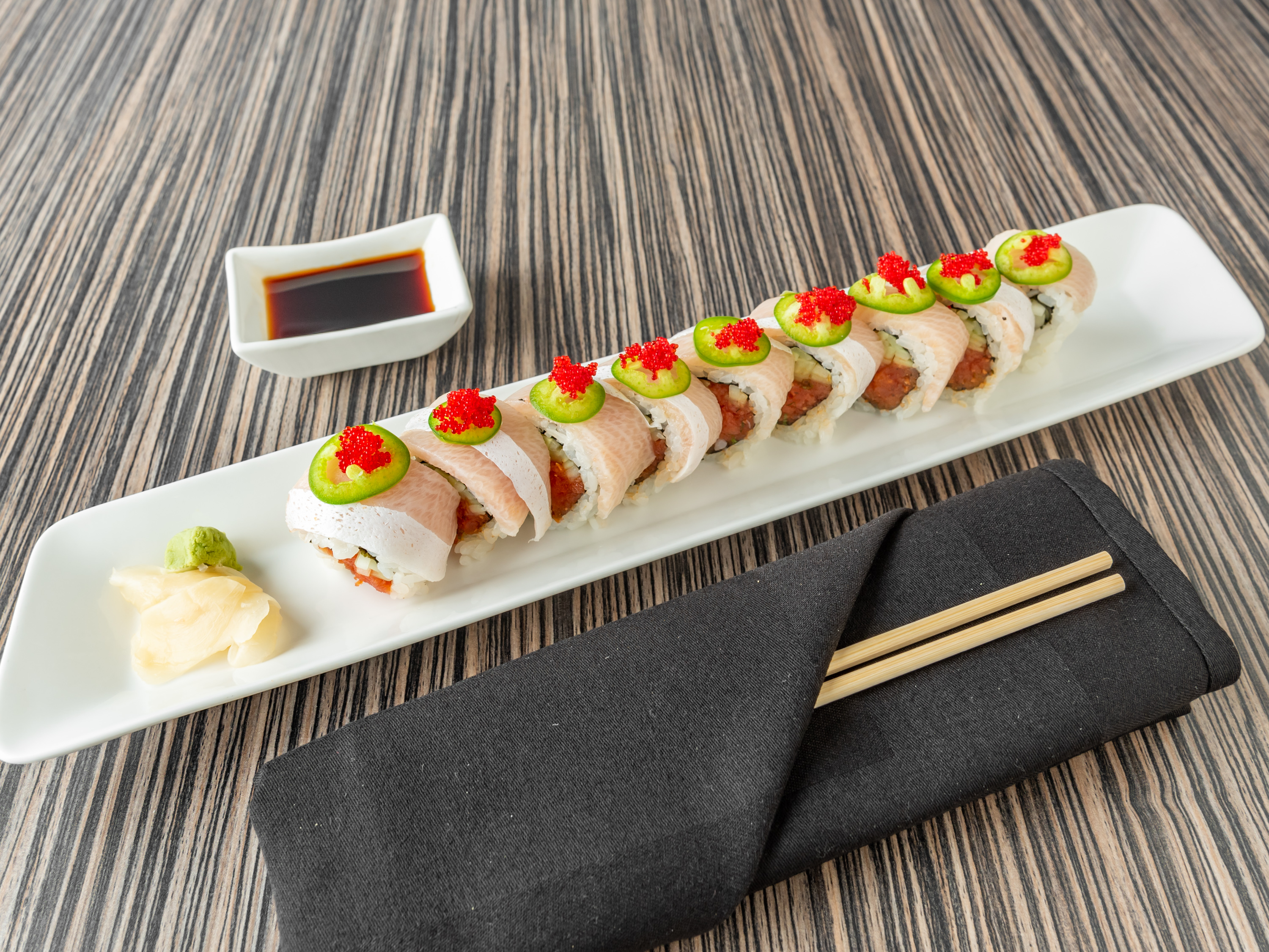Order Flaming Hamachi Roll - OTG food online from Shakou-Libertyville store, Libertyville on bringmethat.com
