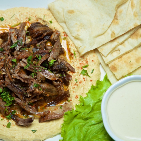 Order Hummus Topped with Beef Shawarma food online from North Park Produce Bakery & Grill store, Poway on bringmethat.com