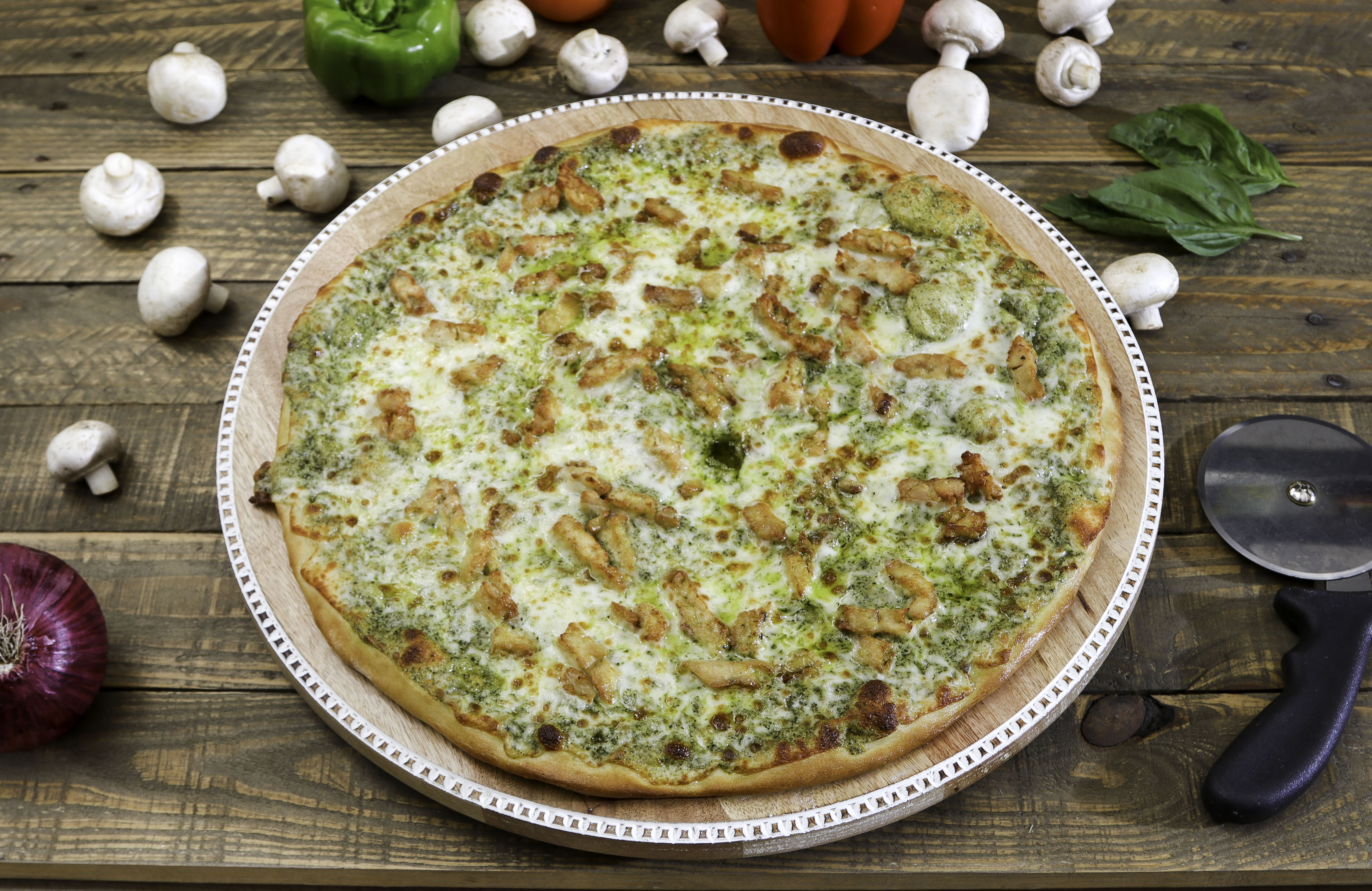 Order Pesto Chicken Pizza food online from Ameci Pizza & Pasta store, Lake Forest on bringmethat.com