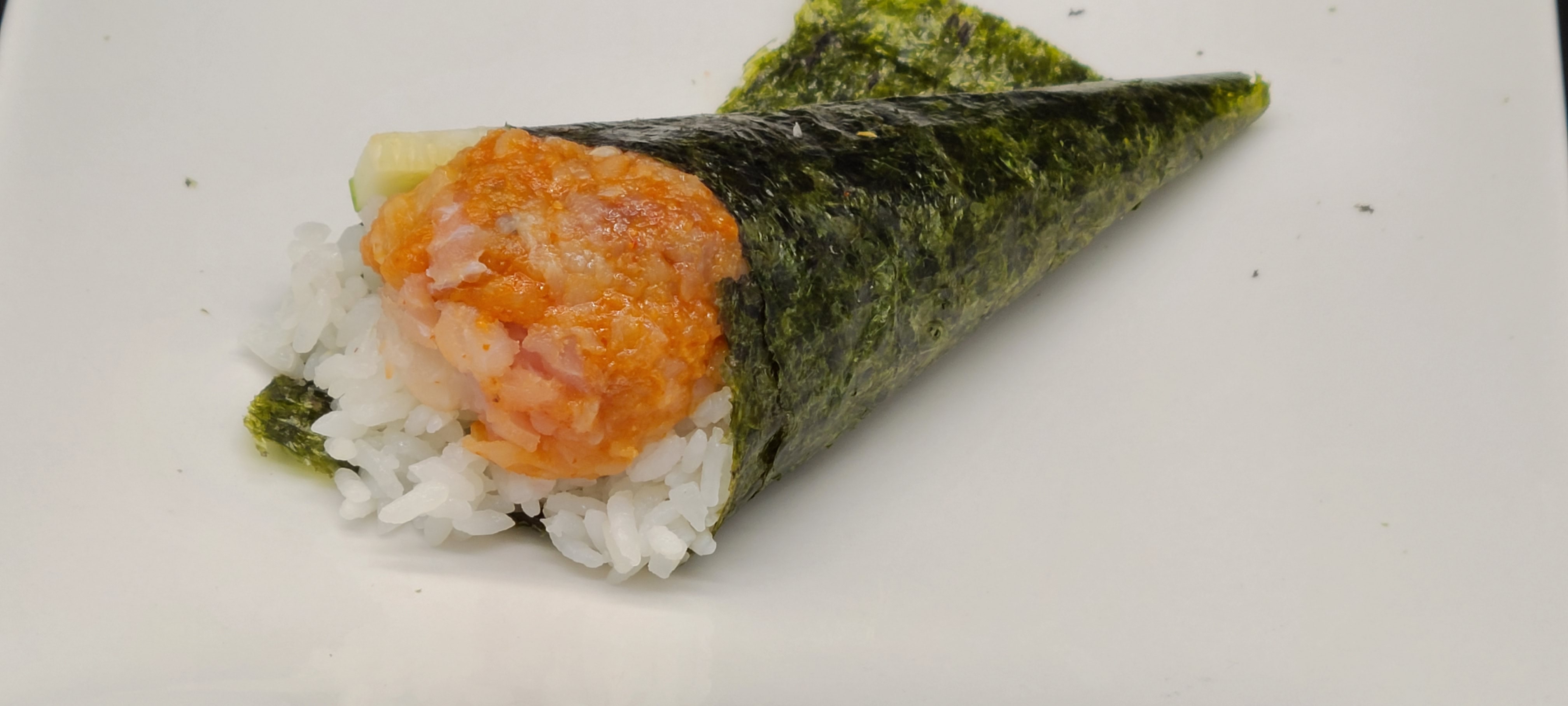 Order H7. Spicy Salmon Hand Roll food online from Hello Sushi store, Fullerton on bringmethat.com