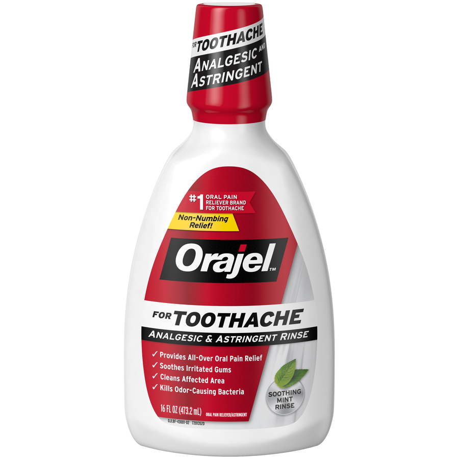 Order Orajel Analgesic & Astringent Rinse for Toothache, Soothing Mint - 16 oz food online from Rite Aid store, Cathedral City on bringmethat.com