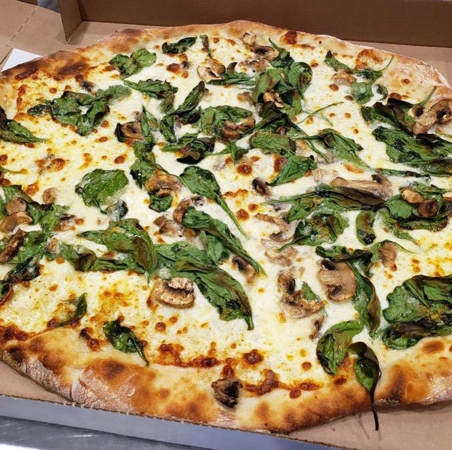 Order White Spinach, Mushroom & Gorgonzola Pizza - Small 12" food online from Mercato Tomato Pie store, Newark on bringmethat.com