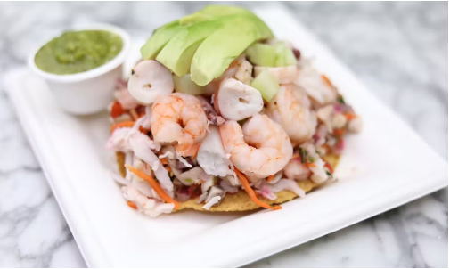 Order Boiled Shrimp Tostada food online from Cevicheria Coco Loco store, Des Plaines on bringmethat.com