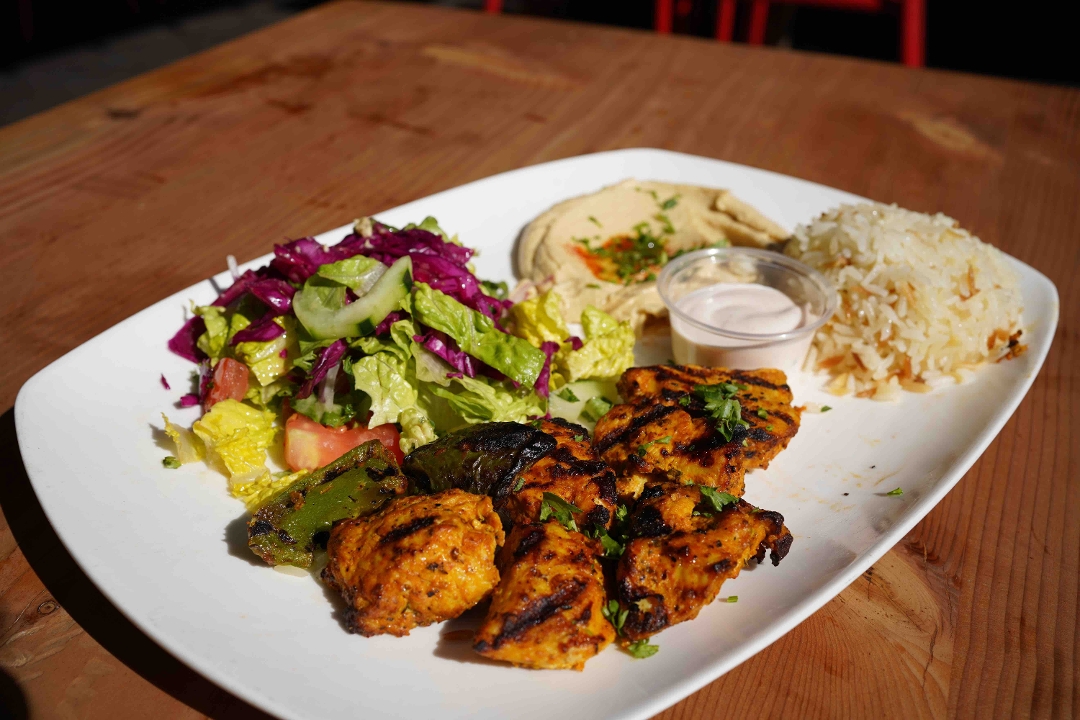 Order Chicken Souvlaki Plate food online from Pasha Mediterranean store, Redwood City on bringmethat.com