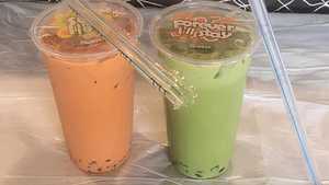 Order 5. Iced Green Milk Tea with Crystal Boba food online from Shabang Crawfish & Mi Quang store, Houston on bringmethat.com