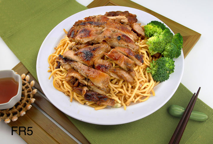Order FR5. Garlic Noodle with BBQ Chicken food online from So Pho So Good store, San Francisco on bringmethat.com