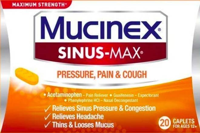 Order Mucinex Sinus-Max Pressure, Pain, & Cough 20 ct food online from McLean Ave Pharmacy store, Yonkers on bringmethat.com